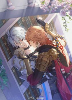 2boys against_bookshelf antenna_hair armor armored_gloves back_tattoo black_choker black_coat black_gloves black_pants black_shirt blonde_hair blue_eyes bookshelf cape chinese_commentary choker coat collar collared_coat collared_shirt earrings fingerless_gloves gloves gold_earrings gold_necklace gradient_hair hand_on_another&#039;s_back highres holding holding_collar honkai:_star_rail honkai_(series) jewelry kabedon library light_rays looking_at_another male_focus meiedochan multicolored_hair multiple_boys mydei_(honkai:_star_rail) necklace one_eye_closed open_clothes open_coat pants pauldrons phainon_(honkai:_star_rail) red_cape red_hair red_tattoo shirt shoulder_armor single_pauldron sun_symbol sun_tattoo tan tattoo thigh_strap watermark weibo_watermark white_coat white_hair yaoi yellow_eyes