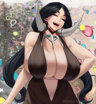 1girl alternate_breast_size_(larger) alternate_costume black_hair breasts drasna_(pokemon) dress earrings fangs gabriel_carrasquillo grey_eyes half-closed_eyes hand_on_own_hip highres huge_breasts jewelry long_hair looking_at_viewer navel necklace nintendo open_mouth plunging_neckline pokemon pokemon_xy snile solo squinting upper_body