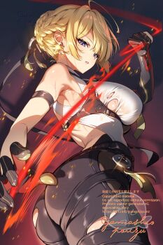 1girl adversarial_noise ahoge arm_strap armpits ass blonde_hair braid braided_bun breasts earrings evelyn_chevalier from_behind gomashio_ponz hair_bun hair_ornament highres jewelry large_breasts looking_back mole mole_under_eye parted_lips purple_eyes revision shirt solo sweat torn_clothes torn_shirt zenless_zone_zero