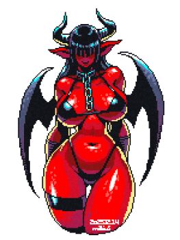 1girl bikini black_bikini black_hair breasts breasts_apart collarbone colored_skin commentary_request cropped_legs curvy demon_girl demon_horns demon_wings hair_over_eyes horns large_breasts long_hair looking_at_viewer mabius narrow_waist navel original pixel_art pointy_ears red_skin simple_background smile solo swimsuit thick_thighs thigh_gap thighs white_background wide_hips wings