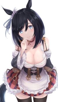 1girl absurdres animal_ears black_hair black_thighhighs blaze_(blaze_pso2) blue_eyes breasts choker cleavage commentary_request cowboy_shot detached_sleeves dirndl ear_ornament eishin_flash_(meisterschaft)_(umamusume) eishin_flash_(umamusume) german_clothes hand_up highres horse_ears horse_girl horse_tail leaning_forward red_choker simple_background solo tail thighhighs umamusume white_background