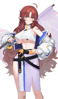 1girl absurdres aged_up ahoge apple arknights belt black_belt blush breasts brown_hair buckle cleavage closed_mouth commentary cropped_shirt dekka english_commentary feet_out_of_frame flag food fruit golden_apple green_eyes hand_on_own_hip highres holding holding_flag id_card jacket large_breasts long_hair looking_at_viewer multiple_belts myrtle_(arknights) off_shoulder open_clothes open_jacket orange_belt parted_bangs pointy_ears purple_skirt rainbow side_slit simple_background skirt smile smug snap-fit_buckle solo standing stomach tank_top torn_clothes torn_skirt two-sided_fabric two-sided_jacket underboob wavy_hair white_background white_flag white_jacket white_tank_top