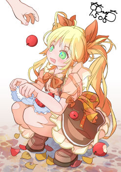 Rule 34 | 1girl, 1other, absurdres, ahoge, apple, apron, apron lift, artist name, blonde hair, blush, bow, bowtie, brown bow, brown bowtie, brown dress, brown shoes, clothes lift, dot nose, dress, drooling, food, frills, fruit, green eyes, hair bow, highres, loafers, long hair, open mouth, original, parted bangs, shoes, signature, simple background, squatting, totomoto, twintails, white background