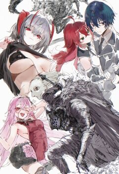 2boys 3girls absurdres armor black_souls black_souls_2 blue_hair breasts cape character_request clothes_lift copyright_request dies_irae dragon fujii_ren green_eyes highres knight lindamea_(black_souls) lotus_reichhart multiple_boys multiple_girls nazi pink_hair prickett_(black_souls) red_hair rusalka_schwagerin shinza_bansho_series shirt_lift ss_uniform suujiniku tagme