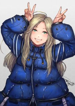 1girl 2026 arms_up blonde_hair blue_coat bright_pupils coat commentary diana_(pragmata) double_v drawstring english_commentary green_eyes grey_background grin highres honeycomb_(pattern) honeycomb_background krita_(medium) long_hair long_sleeves looking_at_viewer padded_coat parted_lips pragmata puffy_coat puffy_long_sleeves puffy_sleeves signature smile solo teeth upper_body v white_pupils zambozedharma