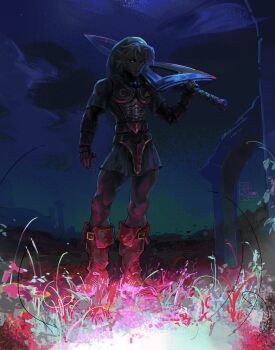 Rule 34 | 1boy, alternate weapon, aura, balo badartist, commentary, crescent print, dark persona, double helix, english commentary, facial tattoo, fierce deity, highres, male focus, nintendo, possessed, tattoo, the legend of zelda, the legend of zelda: majora's mask, triangle, weapon, white hair, wrist guards