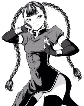 1girl bracelet braid breasts china_dress chinese_clothes clenched_hand commentary_request contrapposto covered_abs cowboy_shot dress elbow_gloves fighting_stance fingerless_gloves gloves greyscale hair_tie highres jewelry lee_(dragon_garou) long_hair monochrome original puffy_short_sleeves puffy_sleeves short_sleeves side_slit small_breasts smile solo thighhighs twin_braids very_long_hair