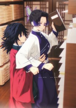 1boy 1girl absurdres arm_around_waist black_hair blue_eyes book breasts butterfly_hair_ornament commentary_request cowboy_shot demon_slayer_uniform furrowed_brow hair_between_eyes hair_ornament haori highres hitting holding holding_book indoors jacket japanese_clothes kimetsu_no_yaiba kochou_shinobu long_hair low_ponytail medium_breasts motion_lines multicolored_hair niku_(ni23ku) pants parted_bangs parted_lips ponytail purple_eyes purple_hair purple_jacket purple_pants red_haori sweatdrop tomioka_giyuu twitter_username two-tone_hair updo weibo_username white_jacket