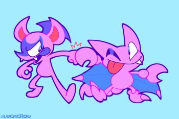 bat_wings blue_background devil fang fist_bump gen_2_pokemon gen_8_pokemon gligar impidimp lucacrow nintendo one_eye_closed pincers pokemon pokemon_(creature) punching stinger tongue tongue_out wings wink