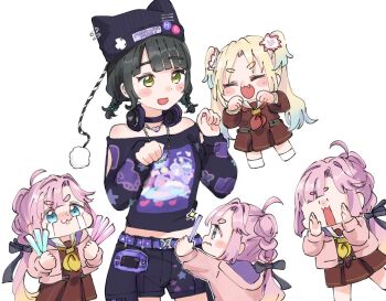 3: 5girls :3 :d ^_^ ahoge animal_hat anyoji_hime anyoji_hime_(cosplay) bare_shoulders beanie black_choker black_hat black_shirt black_shorts blonde_hair blue_eyes braid brown_dress cat_hat chain chain_necklace chibi choker clone closed_eyes closed_mouth commentary cosplay cowboy_shot dress glowstick gradient_hair green_eyes handheld_game_console hasu_no_sora_school_uniform hat headphones headphones_around_neck heart heart_necklace holding holding_glowstick jewelry link!_like!_love_live! long_sleeves love_live! low_twin_braids midriff momose_ginko moso_(expect66) multi-tied_hair multicolored_hair multiple_girls multiple_persona neckerchief necklace nyao_signyal off-shoulder_shirt off_shoulder open_mouth osawa_rurino penlight_(glowstick) pink_hair pleated_dress ponytail red_neckerchief sailor_collar sailor_dress school_uniform shirt short_eyebrows shorts simple_background smile socks thick_eyebrows twin_braids v-shaped_eyebrows virtual_youtuber white_background white_sailor_collar white_socks winter_uniform yellow_neckerchief |_|