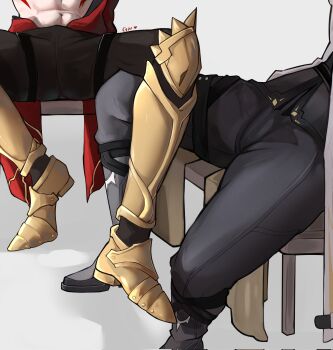 2boys chair commentary english_commentary gou_u3u grey_pants highres honkai:_star_rail honkai_(series) invisible_floor leg_on_another&#039;s_leg lower_body male_focus multiple_boys mydei_(honkai:_star_rail) navel on_chair pants phainon_(honkai:_star_rail) sitting spread_legs