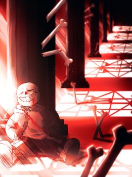 1boy black_shorts blood blood_from_mouth bone closed_eyes commentary genocide_route_(undertale) hands_in_pockets highres hood jacket male_focus pillar sans_(undertale) shirt shorts sitting skeleton slippers smile solo undertale utdr_(toby_fox) white_shirt window_shadow yuzuki_v