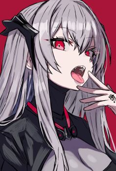 1girl beak_(girls'_frontline) commentary_request girls'_frontline grey_hair highres long_hair looking_at_viewer open_mouth r_scrubed red_background red_eyes sharp_teeth simple_background solo teeth tongue tongue_out upper_teeth_only