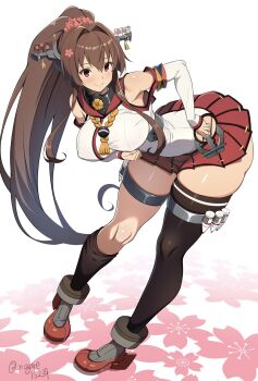 1girl breasts brown_eyes brown_hair cherry_blossoms clothing_cutout detached_sleeves flower hair_flower hair_ornament headgear highres hip_vent kantai_collection large_breasts leaning_forward long_hair looking_at_viewer nagare_(flow) pleated_skirt ponytail red_sailor_collar red_skirt sailor_collar sakuramon shirt shoulder_cutout side_cutout single_thighhigh skirt solo thick_thighs thighhighs thighs white_shirt yamato_(kancolle) z_flag