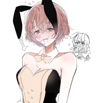 3girls ? animal_ears black_ribbon blush bow bowtie covering_face crying detached_collar hand_on_another&#039;s_face heart hisamishiny idolmaster idolmaster_shiny_colors ikaruga_luca ikuta_haruki implied_sex leotard multiple_girls rabbit_ears ribbon saliva short_hair simple_background sketch suzuki_hana sweat tearing_up tears white_background