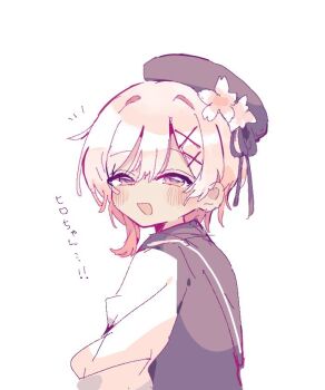 1girl :d beret black_hat cherry_blossoms commentary_request flower from_side hair_flower hair_ornament hat long_sleeves looking_at_viewer looking_back mahou_shoujo_no_majo_saiban multicolored_hair notice_lines open_mouth pink_eyes sakuraba_ema short_hair simple_background smile solo toruriri0718 translation_request upper_body white_background white_flower white_hair x_hair_ornament