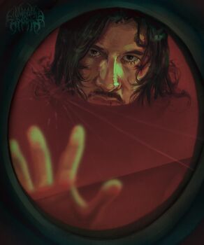 Rule 34 | 1boy, against glass, black eyes, black hair, blood, blood on face, broken glass, commentary, english commentary, facial hair, glass, hand up, highres, iron lung (movie), livingdeadlogan, male focus, markiplier, mustache, partially submerged, pool of blood, serious, simon (iron lung), sinking, solo, spread fingers, upper body, wavy hair