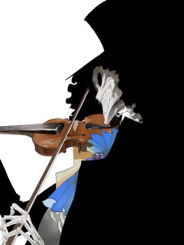 1boy 29djoe1 afro ascot black_hair black_hat blue_ascot bow_(music) brook_(one_piece) commentary_request hat highres holding holding_bow_(music) holding_instrument holding_violin instrument korean_commentary male_focus one_piece profile skeleton solo violin