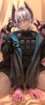 1girl absurdres arknights bird_girl black_feathers black_gloves blue_eyes blush cable commentary dark-skinned_female dark_skin double_v extra_arms feathers flower gloves grey_hair hair_flower hair_ornament head_wings highres jacket multicolored_gloves pink_gloves raidian_(arknights) renakohii short_hair smile solo two-tone_gloves unusually_open_eyes v wings