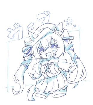 1girl :d animal_ears beer_hsk beret blush_stickers bow cropped_legs hair_between_eyes hair_ribbon hat horse_ears horse_girl horse_tail long_sleeves looking_at_viewer mole mole_under_eye monochrome open_mouth pleated_skirt puffy_long_sleeves puffy_sleeves ribbon school_uniform shirt skirt smile solo tail thighhighs tracen_school_uniform translation_request twintails umamusume vivlos_(umamusume) white_background