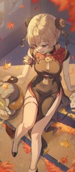 1girl absurdres black_gloves blonde_hair breasts character_request china_dress chinese_clothes commentary_request dress fingerless_gloves ginkgo_leaf gloves high_heels highres leaf looking_at_viewer luzzi_(milllim) medium_breasts medium_hair purple_eyes single_glove sweety_(zenless_zone_zero) thighs zenless_zone_zero