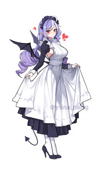 1girl absurdres alternate_costume black_dress black_shoes black_shrug black_wings blush breasts closed_mouth commentary_request dress drill_hair enmaided full_body hairband heart high_heels highres large_breasts layered_dress looking_at_viewer maid mole mole_under_eye pointy_ears purple_hair purple_hairband red_eyes shoes shrug_(clothing) sideboob simple_background skirt_hold solo vivian_banshee white_background white_dress wings yuna_(deadawon) zenless_zone_zero