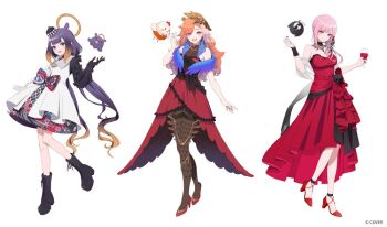 Rule 34 | 3girls, asymmetrical gloves, asymmetrical sleeves, black boots, black coat, black collar, black gloves, black hat, black pantyhose, blue eyes, blue wings, blunt bangs, boots, bow, center-flap bangs, coat, cocktail dress, collar, commentary request, death-sensei (mori calliope), detached collar, dress, dress bow, evening gown, feathered wings, fucodoku, full body, gloves, gradient hair, hair flaps, hat, high-low dress, high heels, hololive, hololive english, holomyth, kfp employee (takanashi kiara), lace collar, long dress, long hair, long sleeves, low twintails, mismatched gloves, mismatched sleeves, mole, mole under eye, mori calliope, mori calliope (party dress), multicolored coat, multicolored hair, multiple girls, ninomae ina'nis, ninomae ina'nis (party dress), official alternate costume, official alternate hairstyle, official art, orange hair, pantyhose, pink hair, pointy ears, print dress, puffy long sleeves, puffy sleeves, purple eyes, purple hair, red dress, red shoes, see-through clothes, see-through veil, shoes, side ponytail, sidelocks, simple background, sleeveless, sleeveless dress, strapless, strapless dress, swept bangs, takanashi kiara, takanashi kiara (party dress), takodachi (ninomae ina'nis), tentacle hair, tilted headwear, twintails, two-tone coat, veil, very long hair, virtual youtuber, waist bow, wavy hair, white background, white coat, white gloves, wings