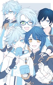 5boys ahoge akehoshi_subaru alternate_color antenna_hair bandaged_arm bandages black_gloves black_hair black_shirt blue-framed_eyewear blue_eyes blue_gem blue_hair blue_jacket blue_ribbon blush border bracelet bridal_gauntlets chinese_clothes chongyun_(genshin_impact) clenched_hand closed_mouth cloud_print commentary_request crossover diamond-shaped_pupils diamond_(shape) earrings ensemble_stars! epaulettes fingerless_gloves fingernails food frills from_behind gem genshin_impact glasses gloves gold_bracelet green_eyes grey_background hair_between_eyes hand_on_another's_head hand_on_own_chin hand_on_own_hip hand_up hands_up hidaka_hokuto highres holding holding_food holding_ice_cream hood hoodie ice_cream jacket jewelry kuromame lapels licking looking_at_viewer looking_back male_focus mandarin_collar multiple_boys one_eye_closed open_clothes open_jacket open_mouth outside_border pendant ribbon shirt short_hair short_sleeves simple_background single_earring smile symbol-shaped_pupils t-shirt tank_top tassel tassel_earrings teeth tongue tongue_out upper_body v-shaped_eyebrows white_border white_hoodie white_shirt white_tank_top xingqiu_(genshin_impact) yellow_eyes yellow_ribbon yuuki_makoto_(ensemble_stars!)
