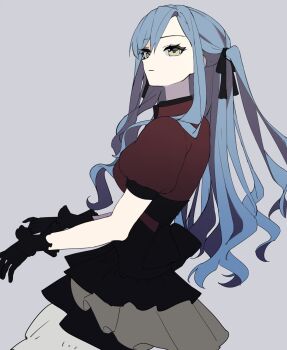 1girl bang_dream! bang_dream!_it's_mygo!!!!! black_gloves black_ribbon black_skirt blue_hair closed_mouth commentary gimegim01 gloves grey_background hair_ribbon hashtag-only_commentary highres jacket long_hair oblivionis_(bang_dream!) red_shirt ribbon shirt short-sleeved_jacket short_sleeves sidelocks simple_background skirt solo togawa_sakiko yellow_eyes