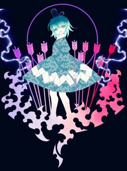 1girl arrow_(projectile) black_hat boku_(isizakitakasi) bright_pupils cropped_legs dress frilled_sleeves frills from_side green_eyes green_hair hat holding holding_arrow lightning long_sleeves looking_at_viewer medium_hair open_mouth soga_no_tojiko solo touhou unmoving_pattern white_pupils