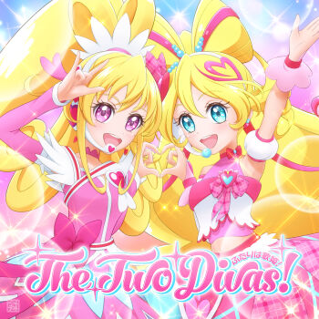 Rule 34 | 2girls, aida mana, arm up, arm warmers, armpits, bare shoulders, beads, blonde hair, blue eyes, blush, bow, bow-shaped hair, bow choker, breasts, choker, commentary request, crop top, cure heart, cure idol, detached sleeves, dokidoki! precure, dress, dress bow, drill hair, earrings, hair beads, hair between eyes, hair ornament, hair ribbon, hair tie, hairband, headset, heart, heart choker, heart earrings, heart hair ornament, heart hands, heart hands duo, highres, idol, idol clothes, idol heart brooch (precure), idol heart incom, in-franchise crossover, jewelry, kimi to idol precure, long hair, looking at viewer, magical girl, medium breasts, midriff, multicolored hair, multiple earrings, multiple girls, navel, open mouth, pink bow, pink choker, pink dress, pink eyes, pink hair, pink ribbon, pink shirt, pink skirt, pink theme, pink wrist cuffs, plaid bow, plaid ribbon, ponytail, precure, puffy detached sleeves, puffy sleeves, red bow, red choker, ribbon, sakura uta (precure), scrunchie, shirt, shirt bow, short dress, single arm warmer, skirt, sleeveless, sleeveless dress, smile, solo, standing, stomach, streaked hair, tsuyatamaa, twintails, two-tone hair, very long hair, white hairband, wrist cuffs, wrist scrunchie