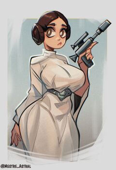 1girl absurdres artist_name belt breasts bright_pupils brown_eyes brown_hair double_bun dress gun hair_bun highres holding holding_gun holding_weapon large_breasts may_the_4th mestre_astral princess_leia solo star_wars star_wars:_a_new_hope weapon white_dress white_pupils
