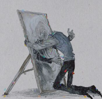 2others ambiguous_gender commentary different_reflection english_commentary full_body glitch headless imminent_hug kneeling mirror multiple_others original other_focus outstretched_arms reaching reaching_towards_another reflection revol4357 ripples