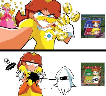 Rule 34 | 2girls, blooper (mario), blue eyes, coin, crown, dress, eternalflamebry, game screenshot inset, gloves, gold coin, grin, highres, ink, ink on clothes, mario (series), mario party, multiple girls, nintendo, orange dress, pink dress, princess daisy, princess peach, puffy short sleeves, puffy sleeves, screenshot inset, short sleeves, simple background, smile, tinted eyewear, white background, white gloves