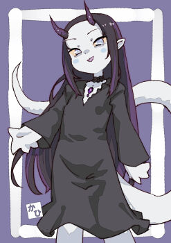 Rule 34 | 1girl, :d, black hair, choker, commentary request, flat chest, grey eyes, highres, horns, long sleeves, mabo9317, monster girl, multicolored hair, open mouth, original, pale skin, purple background, purple hair, purple horns, robe, simple background, smile, tail, two-tone hair