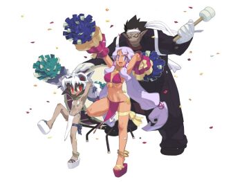 1boy 2girls alternate_costume anklet black_hair breasts brown_hair cheerleader cheerleader_(disgaea) dancing dark-skinned_female dark_skin disgaea drum drumsticks evil_face flat_chest heavy_knight_(disgaea) instrument ishikawa_hideki jewelry long_hair low-tied_long_hair makai_senki_disgaea_3 multiple_girls nippon_ichi official_art pom_pom_(cheerleading) purple_eyes purple_hair red_eyes sandals shaman_(disgaea) simple_background skull sorcerer_(disgaea) thong white_background yellow_eyes