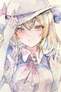 1girl absurdres blonde_hair blue_dress closed_mouth commentary dress elbow_gloves gloves hand_on_headwear hat highres kamu_kotan kana_anaberal looking_at_viewer medium_hair smile solo sun_hat touhou touhou_(pc-98) traditional_media upper_body white_gloves white_hat yellow_eyes