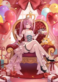 1girl :q balloon bare_shoulders black_shoes blue_bow blue_choker bow cake chair choker closed_mouth collarbone commentary_request crossed_legs day dress food fork full_body fuyoyo gift happy_birthday heart_balloon highres holding holding_cake holding_food holding_fork holding_plate indie_virtual_youtuber indoors long_hair on_chair pink_dress pink_hair plate shoes sitting sleeveless sleeveless_dress solo thigh_strap tongue tongue_out twintails very_long_hair virtual_youtuber