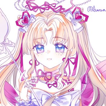 Rule 34 | 1girl, arm warmers, armlet, artist name, back bow, bare shoulders, bead necklace, beads, blonde hair, blue eyes, bow, bowtie, choker, cone hair bun, double bun, dreamtime bestowed (infinity nikki), dress, eyelashes, frilled arm warmers, frills, gem, gem hair ornament, gradient eyes, grey bow, hair bow, hair bun, hair ribbon, halo, happy, heart-shaped gem, holding, holding spoon, infinity nikki, jewelry, jintiannihezhoulema99294, large bow, long hair, long sidelocks, multicolored eyes, neck ribbon, necklace, nikki (series), open mouth, oversized object, parted bangs, pink bow, pink choker, pink gem, pink ribbon, purple eyes, ribbon, ribbon earrings, sidelocks, simple background, sleeveless, sleeveless dress, smile, solo, spaghetti strap, spoon, sprinkles, twintails, two-tone eyes, upper body, very long hair, white arm warmers, white background, white bow, white bowtie, white dress, wrist bow