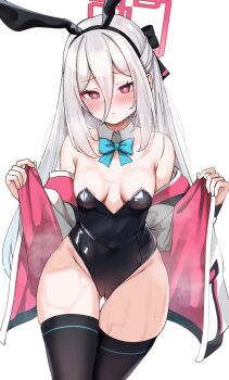 Rule 34 | 1girl, animal ear hairband, animal ears, aqua bow, aqua bowtie, black leotard, black thighhighs, blue archive, blush, bow, bowtie, breasts, calin, cameltoe, commentary request, fake animal ears, gluteal fold, hair between eyes, hairband, half updo, halo, highres, jacket, kei (blue archive), kei (new body) (blue archive), leotard, long hair, long hair between eyes, looking at viewer, medium breasts, nose blush, open clothes, open jacket, pink halo, playboy bunny, rabbit ears, rabbit tail, rectangular halo, red eyes, ringed eyes, simple background, solo, strapless, strapless leotard, tail, thighhighs, white background, white hair, white jacket