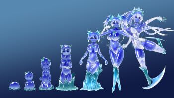 Rule 34 | 1girl, age progression, blue skin, bokuha7paasento, breasts, colored skin, core, elbow gloves, gloves, gradient background, hand up, highres, large breasts, leotard, long hair, medium breasts, monster girl, original, sitting, slime (creature), slime girl, slime hair, small breasts, twintails