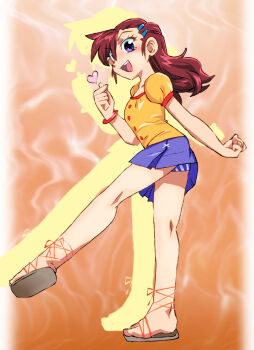 1girl bakusou_kyoudai_let's_&amp;_go!! bakusou_kyoudai_let's_&amp;_go!!_max blue_eyes blue_panties blue_skirt blush bracelet breasts brown_hair brown_sandals collarbone hair_ornament hairclip heart jewelry long_hair looking_at_viewer onnaski oogami_marina open_mouth orange_background panties puffy_sleeves sandals shirt short_sleeves skirt small_breasts smile standing standing_on_one_leg striped_clothes striped_panties teeth underwear wind wind_lift yellow_shirt