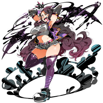 1girl armpits arms_behind_head arms_up belt black_shoes breasts crown earrings fangs floating_crown full_body gloves gradient_hair grey_shirt jacket jewelry kafun large_breasts long_hair looking_at_viewer micro_shorts multicolored_hair navel original pink_belt purple_gloves purple_hair purple_jacket purple_thighhighs shirt shoes shorts skindentation solo thighhighs very_long_hair white_background