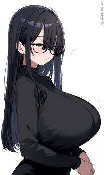 1girl black-framed_eyewear black_hair black_sweater blue_eyes blush breasts closed_mouth dot_nose expressionless flying_sweatdrops from_side hair_over_eyes half-closed_eyes highres huge_breasts long_hair long_sleeves looking_down looking_to_the_side motion_lines original own_hands_together sidelocks simple_background solo sweater turtleneck turtleneck_sweater twitter_username upper_body urabanasimati white_background