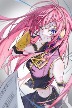 Rule 34 | 1girl, ;), ahoge, breasts, collared shirt, commentary, detached sleeves, gradient background, gradient eyes, headphones, highres, long hair, looking at viewer, megurine luka, multicolored eyes, navel, one eye closed, pink hair, purple eyes, radial gradient background, sheet music, shirt, skirt, sleeveless, sleeveless shirt, smile, untranslatable commentary, vocaloid, white background, yuko (user uuju2584)