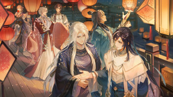 Rule 34 | 6+boys, absurdres, aqua coat, black hair, black pants, black shirt, blue hanfu, boots, brown hair, bu ye, candy apple, chinese clothes, chinese commentary, choker, closed eyes, closed mouth, coat, curtained hair, earrings, food, full body, ginkgo leaf, gold earrings, hair between eyes, hair over shoulder, hand up, hanfu, highres, holding, holding candy apple, holding food, holding paper, hua yi shanxin zhiyue, jewelry, lantern, lantern on liquid, leaf, leaf ornament, light particles, ling yan ru, long hair, long sleeves, looking at another, looking at object, looking to the side, looking up, male focus, monocle, multicolored hair, multiple boys, neck tassel, night, open clothes, open coat, pants, pants tucked in, paper, paper lantern, parted bangs, parted lips, profile, railing, red coat, red eyes, robe, shirt, sleeves past fingers, sleeves past wrists, smile, standing, streaked hair, sweater guard, talking, tassel, tiny (0v0), topknot, upper body, very long hair, water, wen siyu, white boots, white choker, white hair, white hanfu, white robe, wide sleeves, wing print, wooden floor, xiao guan (headdress), xie xingyi, yan qianxiao, yu ze, yuanlingpao