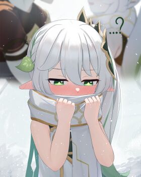 ... 1boy 1girl :d ? ^_^ adjusting_scarf aether_(genshin_impact) backlighting black_gloves blonde_hair blurry blush braid closed_eyes commentary depth_of_field elbow_gloves embarrassed flashback from_side genshin_impact gloves gradient_hair green_eyes hair_between_eyes highres long_hair looking_at_another mockingeu multicolored_hair nahida_(genshin_impact) open_mouth pointy_ears profile scarf side_ponytail sidelocks simple_background single_braid sleeveless smile streaked_hair symbol-shaped_pupils two-tone_hair white_background white_hair white_scarf