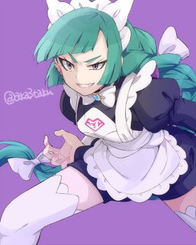 1girl akasata apron black_dress blunt_bangs braid brooch dress grin jewelry juliet_sleeves lebanne_(pokemon) long_hair long_sleeves looking_to_the_side maid maid_headdress nintendo pokemon pokemon_legends:_z-a puffy_sleeves single_braid smile solo teeth thighhighs twitter_username white_apron white_thighhighs