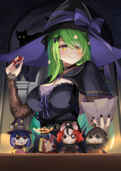 1girl backless_dress backless_outfit black_capelet black_choker black_dress black_nails bow breasts capelet ceres_fauna ceres_fauna_(goth) chest_bow choker cleavage detached_sleeves dice dot_nose dress flower gradient_hair green_hair hair_bow hair_flower hair_ornament hairclip hakos_baelz halloween_costume hat hat_bow heart heart_o-ring heart_ring_choker holding holding_dice holding_paper hololive hololive_english holopromise irys_(hololive) lace lace-trimmed_dress lace_sleeves lace_trim large_breasts layered_dress long_hair looking_down multicolored_hair nail_polish nanashi_mumei o-ring o-ring_choker official_alternate_costume ouro_kronii paper parallel_hairclips petal_on_head purple_dress smile smol_baelz smol_irys smol_kronii smol_mumei snail_(ceres_fauna) solo sora_no_tori virtual_youtuber witch_hat yellow_eyes