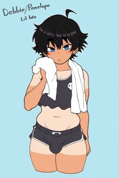 1boy black_hair black_shorts black_tank_top blue_background blue_eyes blush_stickers bulge champchidi closed_mouth commentary cowlick crop_top crop_top_overhang cropped_legs dark-skinned_male dark_skin dolphin_shorts ear_piercing earrings english_commentary english_text frown hair_between_eyes highres jewelry looking_at_viewer male_focus micro_shorts midriff navel original piercing short_eyebrows short_hair shorts simple_background solo stud_earrings tan tank_top tanline towel towel_around_neck trap